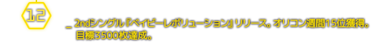 １２月＿2ndシングル『ベイビーレボリューション』リリース。オリコン週間15位獲得。目標3500枚達成。