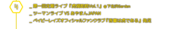 ４月＿第一回定期ライブ『虎視眈眈Vol.1』＠下北沢Garden／ツーマンライブVSあやまんJAPAN／ベイビーレイズオフィシャルファンクラブ『吾輩は虎である』発足