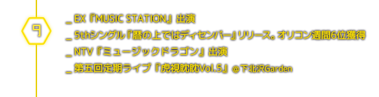 ９月＿EX『MUSIC STATION』出演／5thシングル『暦の上ではディセンバー』リリース。オリコン週間6位獲得／ NTV『ミュージックドラゴン』出演／第五回定期ライブ『虎視眈眈Vol.5』＠下北沢Garden